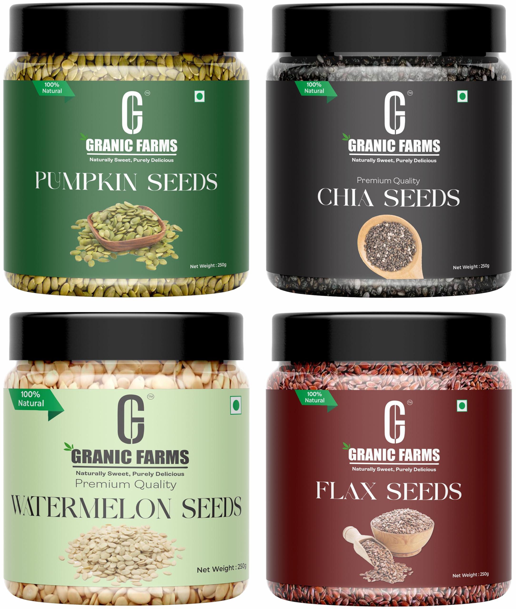 GRANIC FARMS Granic Farms Raw Seeds Combo Pack 1kg Pumpkin, Flax, Watermelon, Chia Seeds 250g Each, Edible Seeds in Jar Pack (Pack of 4)
