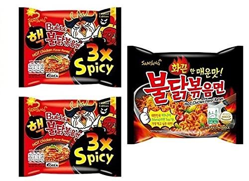 Sam Yang Samyang Buldak 3X Spicy Noodles 2 & Buldak StireFried 1 (Pack of 3) (420gm) (Imported) Instant Noodles Non-vegetarian (3x140 g)(Combo Pack)