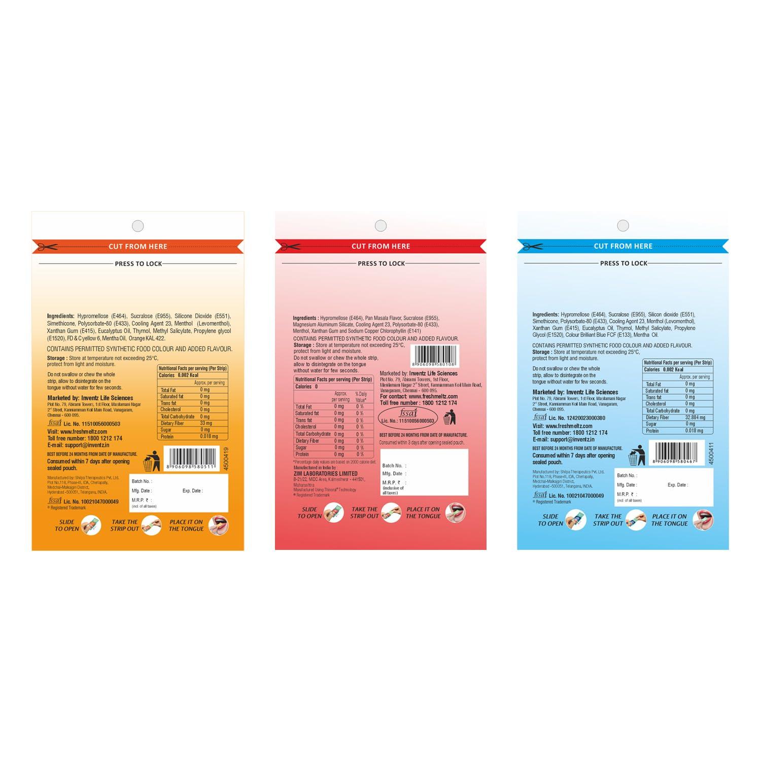 FRESH MELTZ FRESH MELTZ Oral Hygiene Mouth Freshener Sugar Free Orange, Mint, Paan Flavoured Breath Strips (25 Strips) - Combo Packs (Pack of 6)