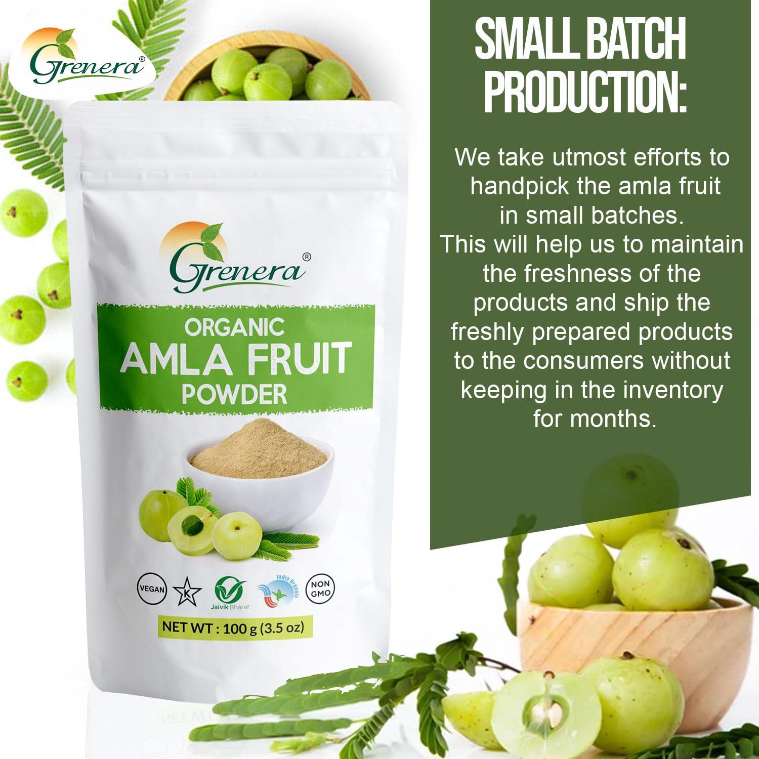 GRENERA Grenera Organic Amla Fruit Powder 100 grams for Multi purpose use. Indian Gooseberries for drinking and eating, no added preservatives
