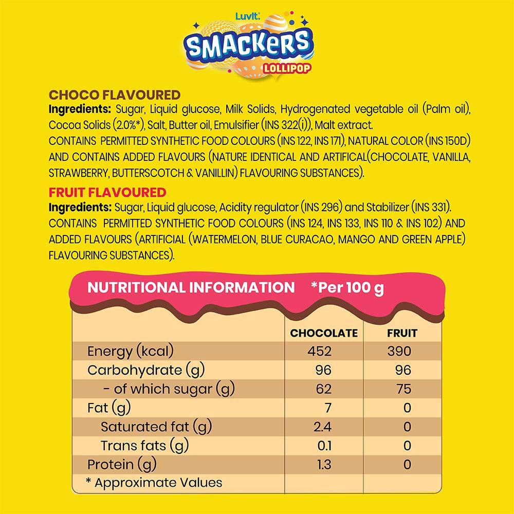 LuvIt. LuvIt Smackers Chocolate and Fruit Flavoured Lollipops | Combo Pack - 48 Lollipops | Pack of 6-96g Each