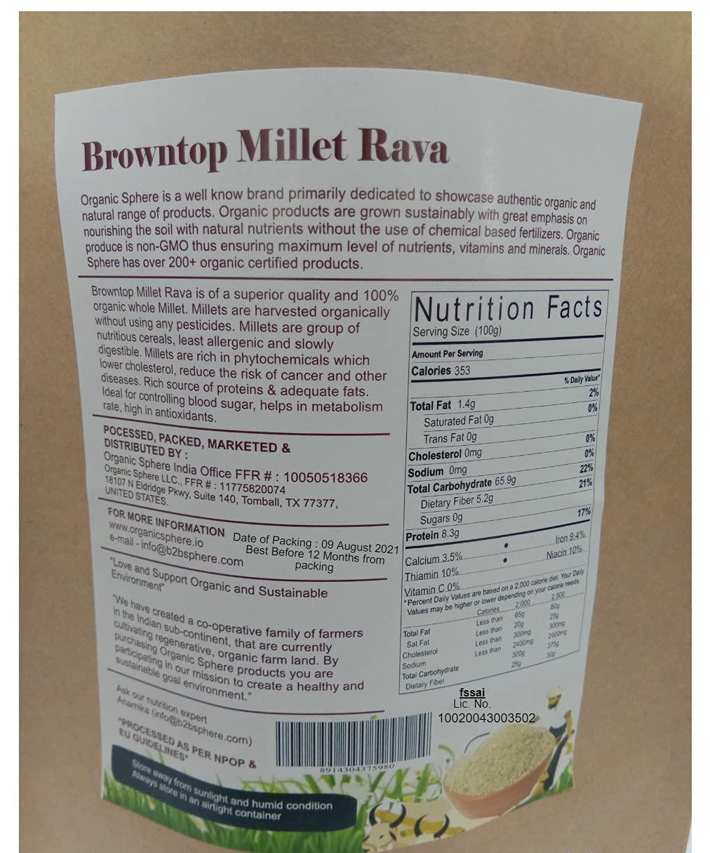 Organic Sphere Organic Sphere Browntop Millet Rava - USDA Certified Organic - Pesticides Free - Adulteration Free - Sodium Free - 1 KG