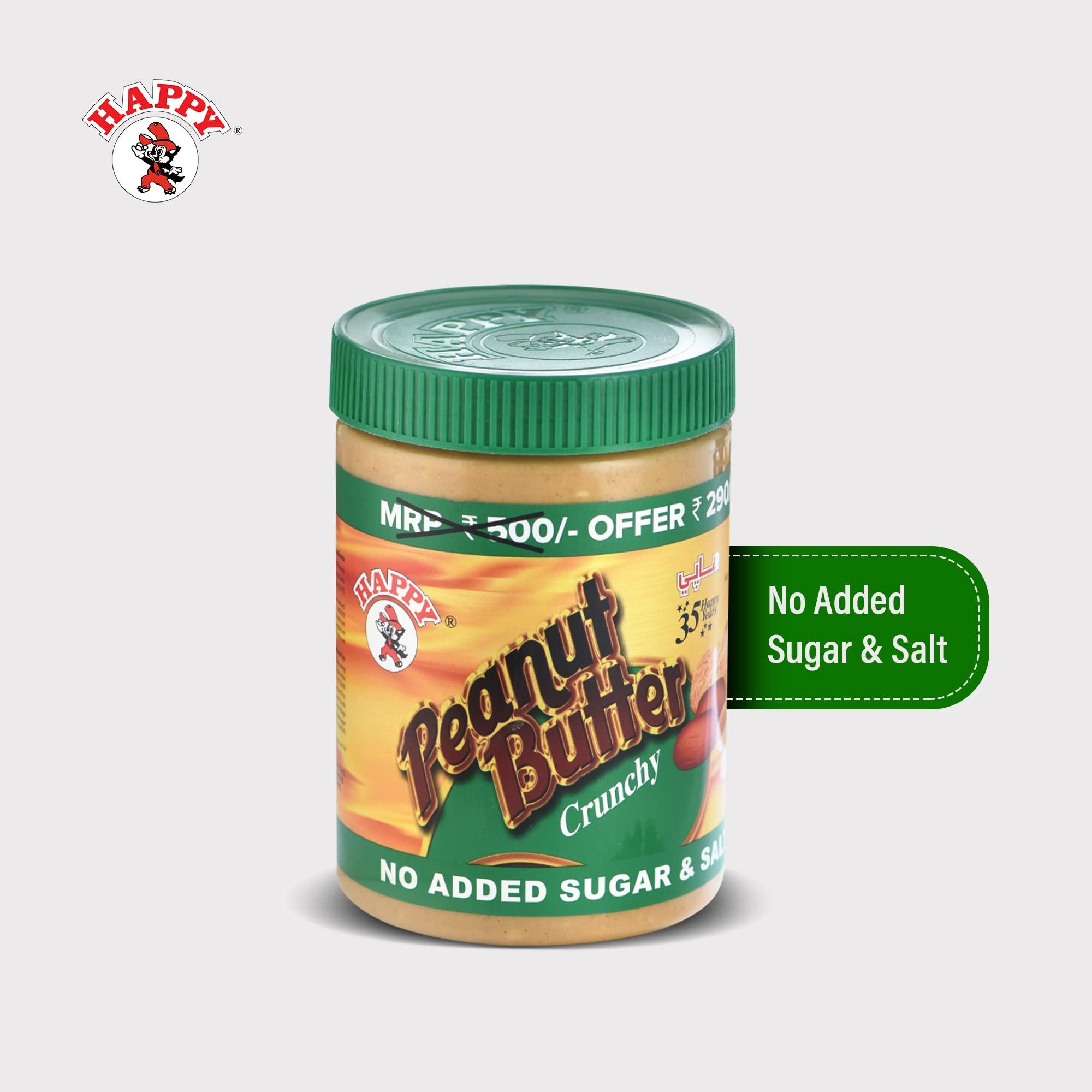 HAPPY HAPPY Peanut Butter - (No Sugar, No Salt) | Crunchy & Natural High protein peanut butter | 1kg - Made with 100% Organic Peanuts | Unsweetened, Gluten Free, Vegan, Zero Cholesterol peanut spreads