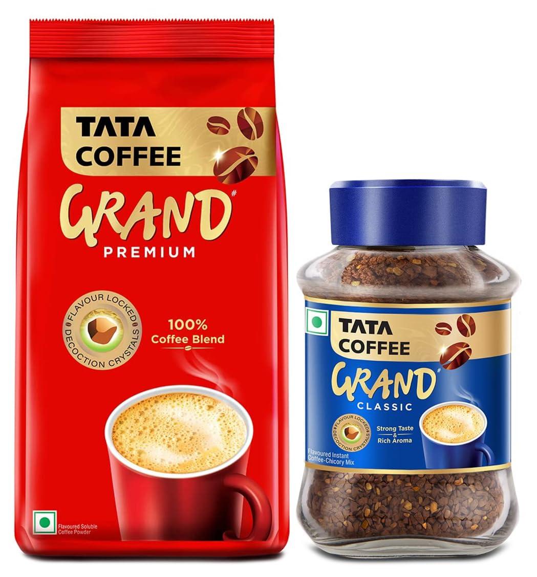 Tata Coffee Grand Tata Coffee Grand Premium Instant Coffee| 200G Pouch, Bag, Powder & Tata Coffee Grand Classic Instant Coffee| With Flavour Locked Decoction Crystals | 95g Jar