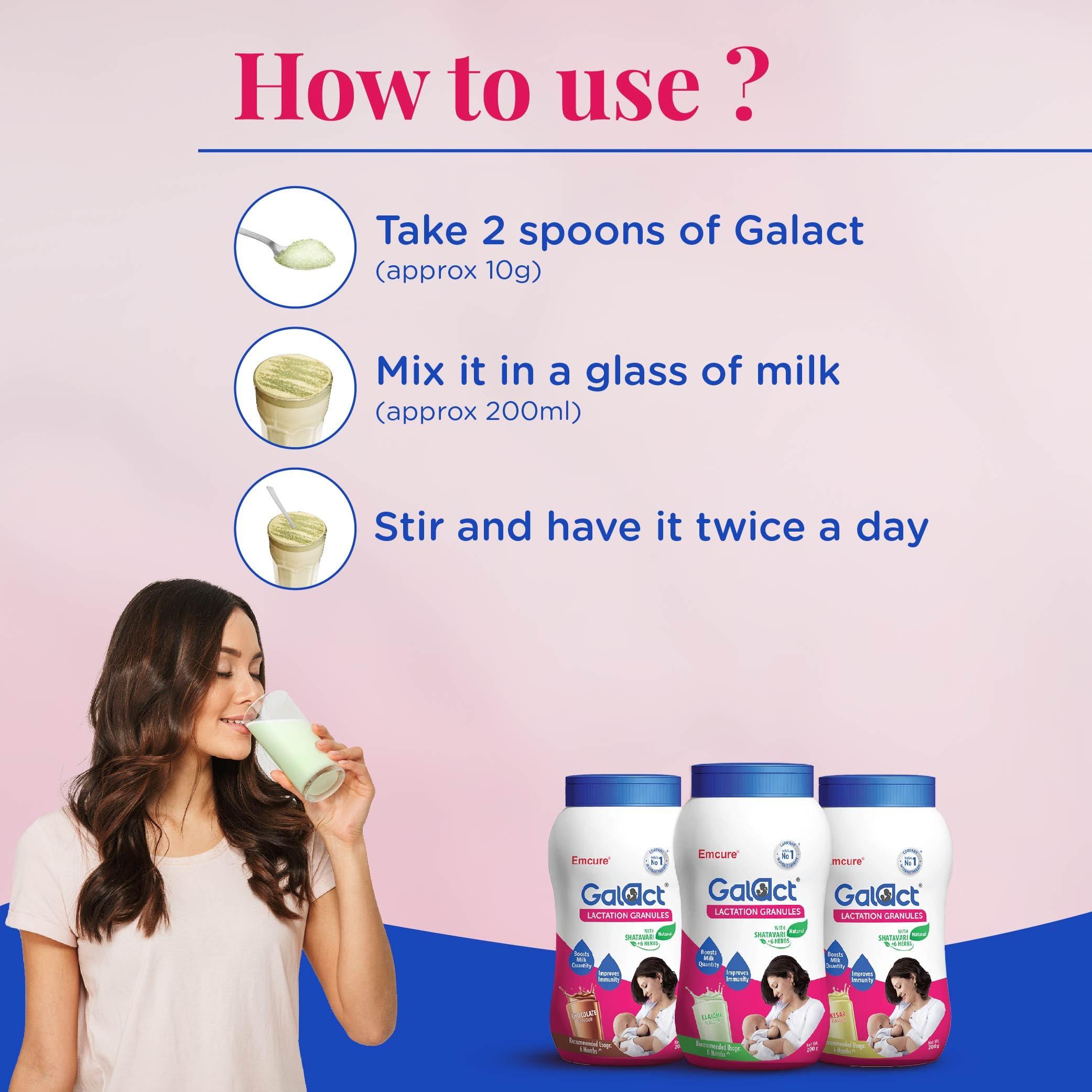 Galact Emcure Galact Granules - Breast Feeding Supplement Increase Milk supply - Lactation Supplement - Elaichi,Kashmiri Kesar, Chocolate Flavor 200G Each