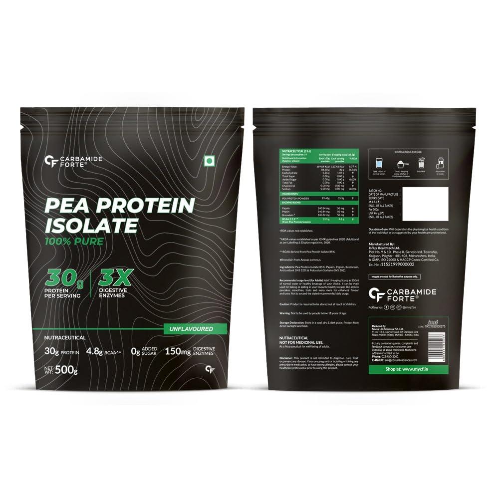 Carbamide Forte Carbamide Forte Pea Protein Isolate 30g per serving | Vegan Plant Protein Powder with 4.8g BCAA | 100% Pure Unflavoured Plant Based Pea Protein Powder - 500g (Pack of 2)
