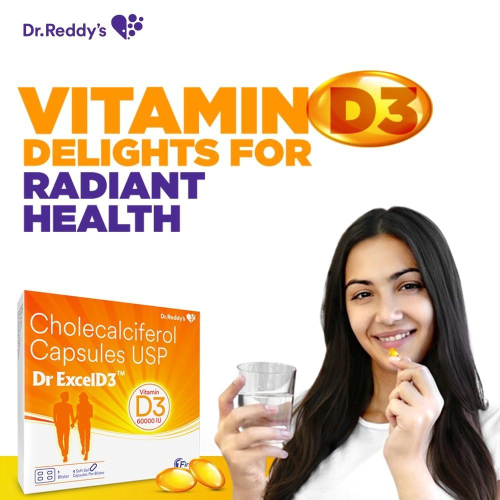 Dr ExcelD Dr ExcelD 3 From Dr. Reddy\'s | Vitamin D3 60000 Iu For Bone/Joint/Mental Health And Healthy Heart For Men & Women| 4 Capsules * Pack Of 5