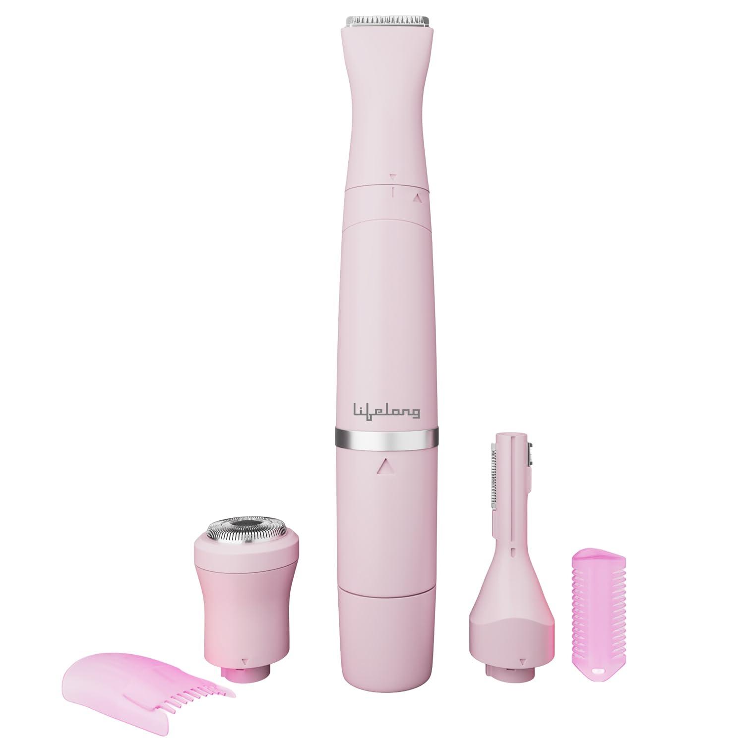 Lifelong Lifelong Rechargeable Body Hair Trimmer for Women | 1 Year Warranty | 4 in 1 Women Full Body Trimmer for Bikini, Face, Full Body, Nose, Ear, Eyebrow, Underarms Trimmer | 60 Minutes Runtime | Hair Removal Machine for Women (Pink)