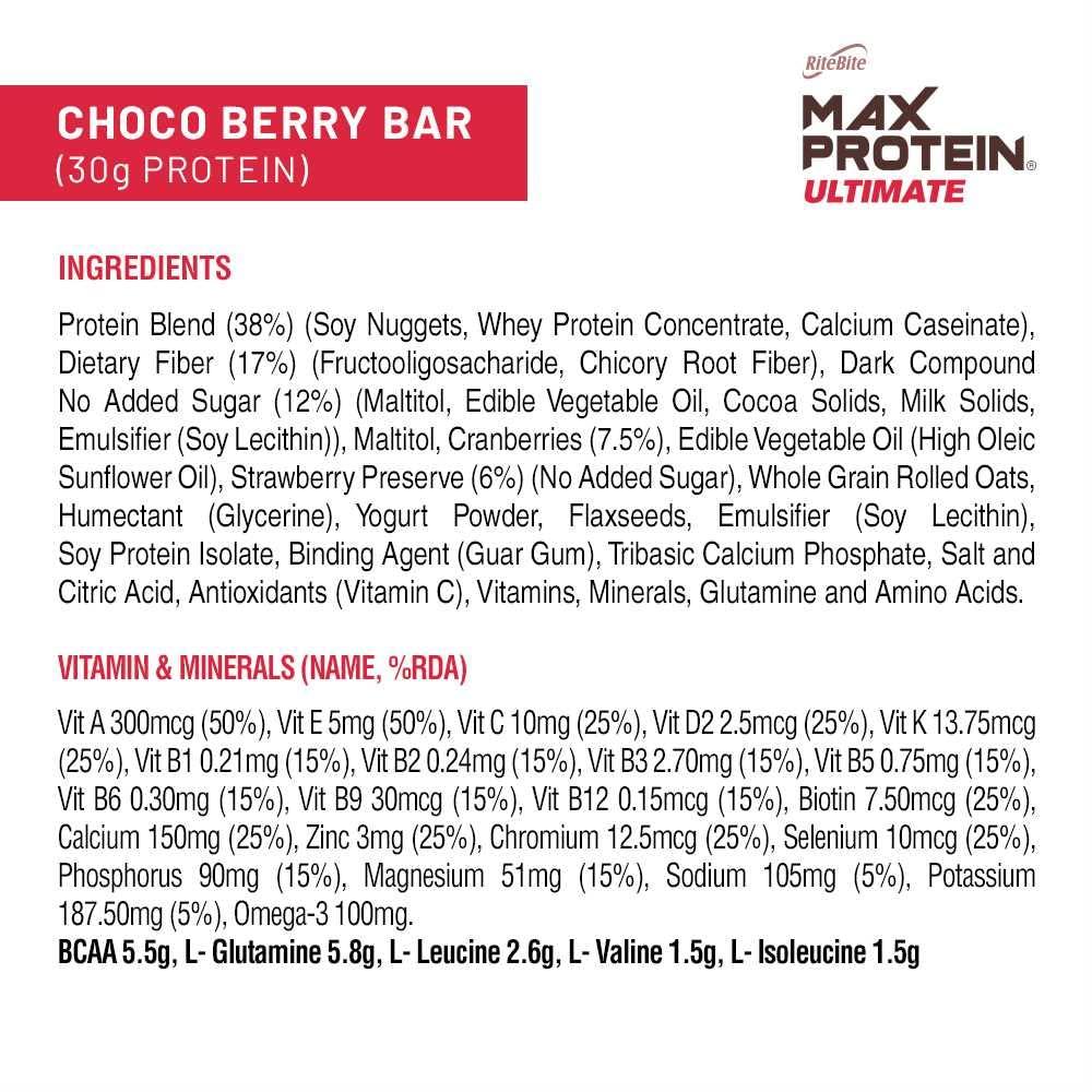 RiteBite Max Protein RiteBite Max Protein Ultimate Choco Berry Protein Bars with 30g Protein, 10g Fiber & 21 Vit. & Minerals | 0 Added Sugar, No Cholesterol & Trans Fat For Upto 5h of Energy, Healthy Snack, 100g (Pack of 3)