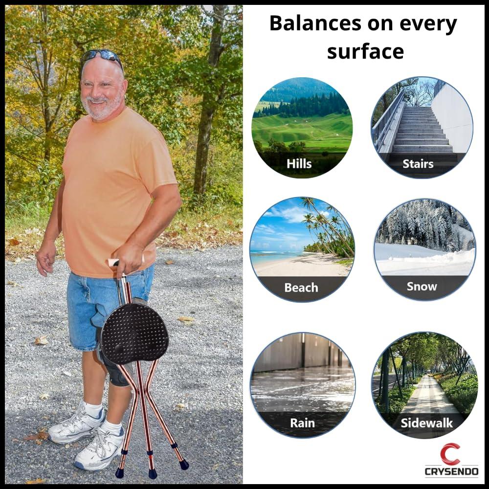 CRYSENDO Crysendo Walking Stick Cum Seat for Elders | Chair Folding Durable & Comfortable Cane Stool | Easy Carry Cane Chair Travel Hiking Hand Stick Cum Stool (LED Black)