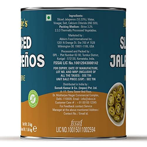 Abbie's Abbie's Jalapeno Slice in Brine A10, 3 kg | Ready to Eat Jalapeno Pickle | Perfect for Toppings in Pizza,Pasta , Sandwich,Nachos , Salad