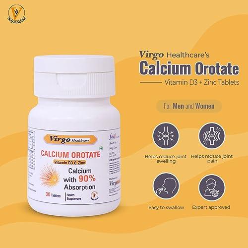 Virgo Healthcare Virgo Healthcare\'s Calcium Orotate (90% absorption) + Vitamin D3 + Zinc Tablets :For Optimal Bone Health & Joint Support - 30 Count (Women and Men)