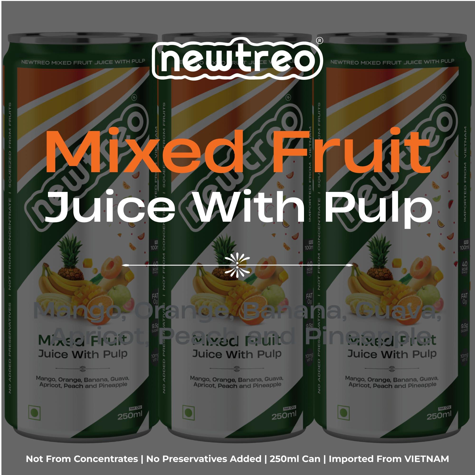Newtreo Newtreo Mixed Fruit Juice With Pulp | Imported from Vietnam | Mango, Orange, Banana, Guava, Apricot, Peach & Pineapple Juice | 12 x 250ml cans | No Concentrates or preservatives added