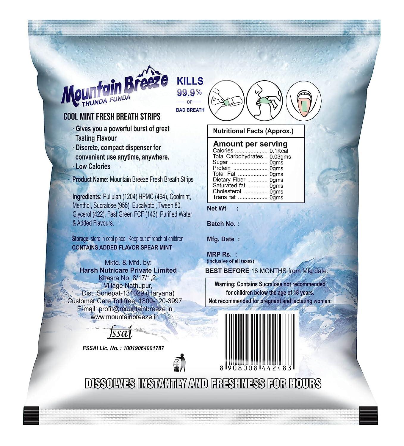 Mountain Breeze Mountain Breeze Oral Hygiene Mouth Freshener Sugar Free Coolmint Flavoured Breath Strips (18 Strips each Cassatte) - Pack of 1(12 Cassette).