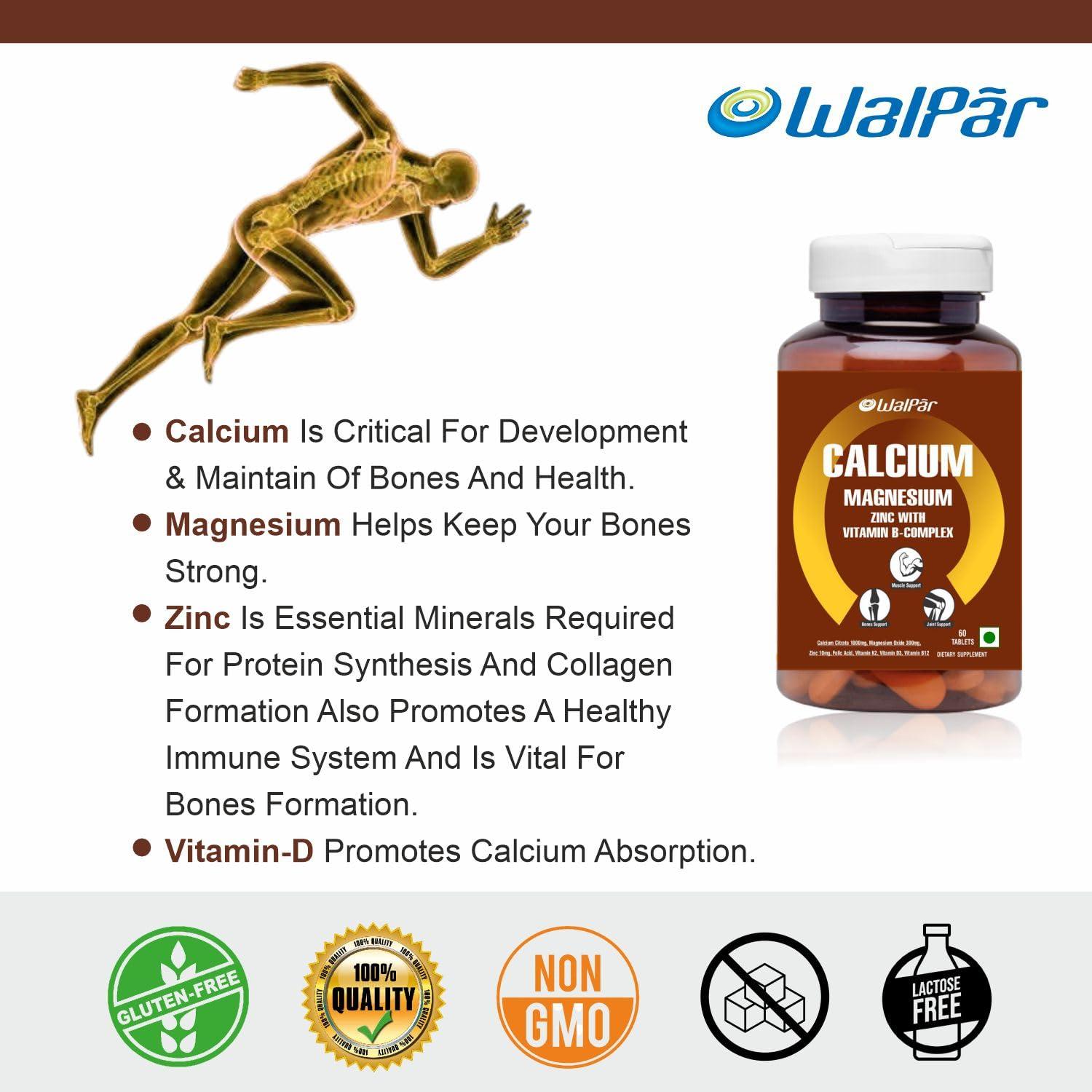 WALPAR Calcium Citrate Supplement 1300mg with Magnesium Zinc Vitamin D3 D B12 B Complex Ideal for Bone and Muscle support & Joint health Ideal for Men Women (1)