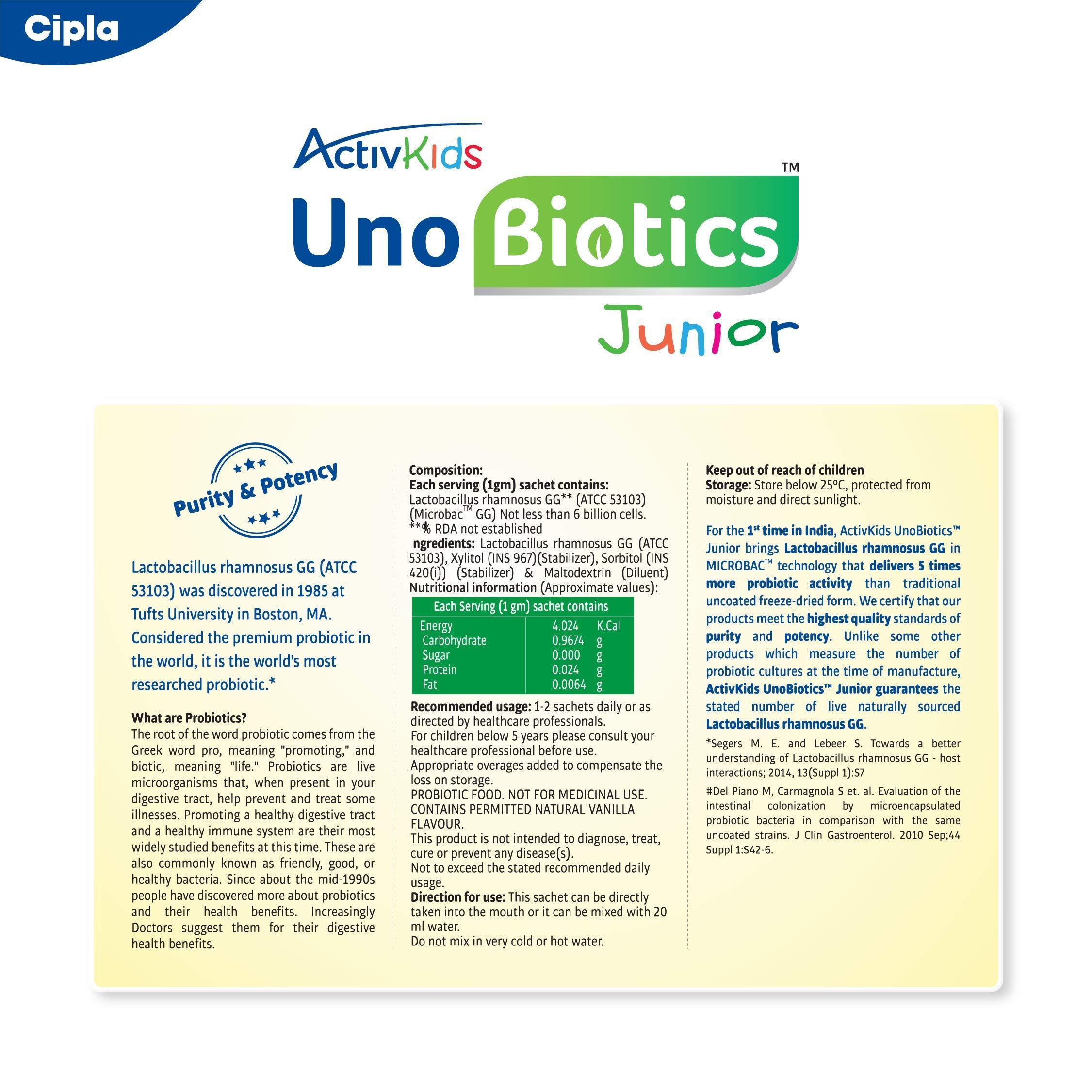 Cipla Cipla ActivKids Unobiotics Junior With 5X More Probiotic Activity |Powder Helps Build Immunity & Refills Good Bacteria | Probiotics for Kids - 10 Sachets