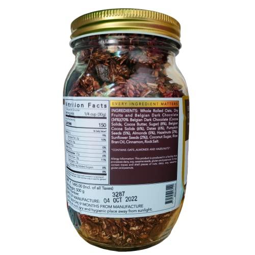 thenibblebox thenibblebox Belgian Dark Chocolate Granola 500g, Jar [34% dry fruits, Gluten free, Plant based/Vegan friendly, No preservatives/additives]