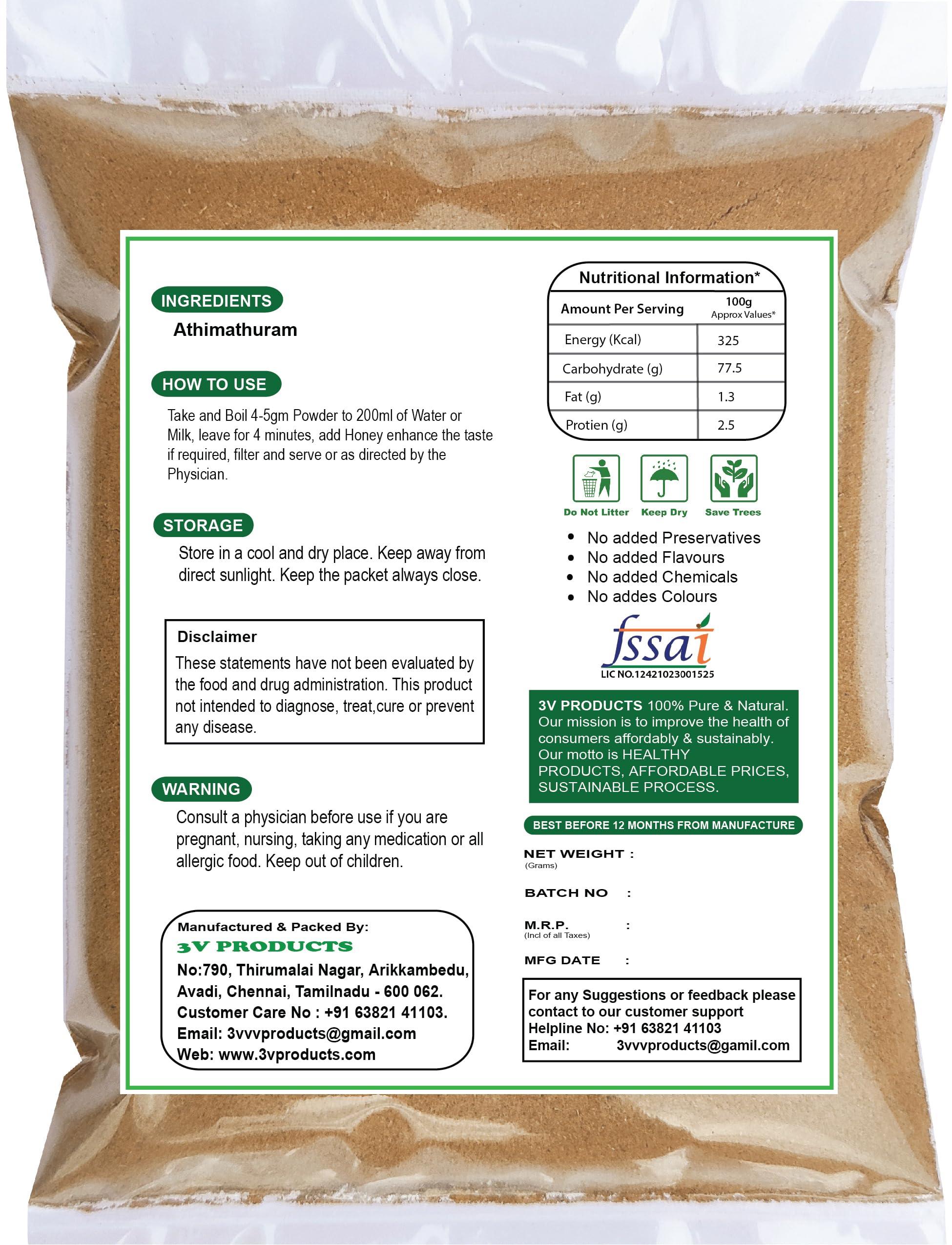 3V PRODUCTS Athimathuram Powder 200g | Mulethi | Licorice | Glycyrrhiza Glabra (Pack of 2x100g)