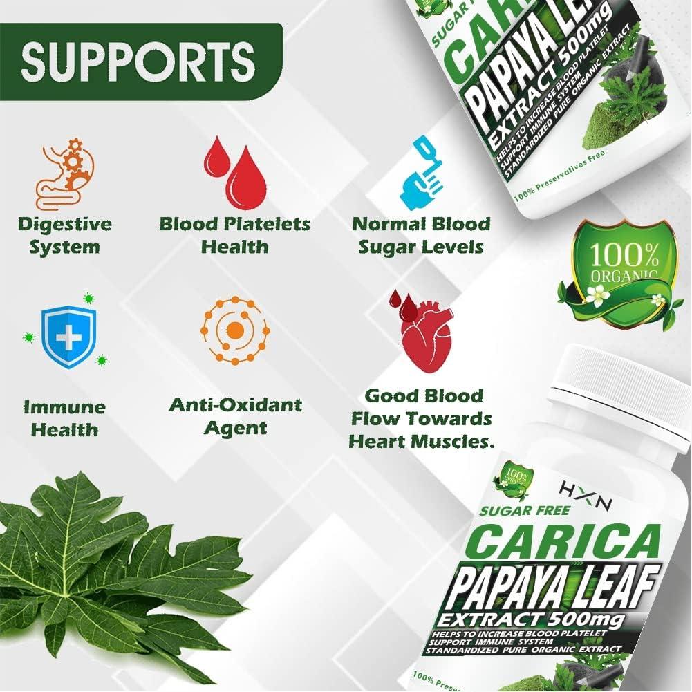 HXN HXN Papaya Leaf Extract For Platelets Count Boosting Support, Papaya Leaf Juice Powder 500mg Organic Extract -60 Tablet (Pack 1)