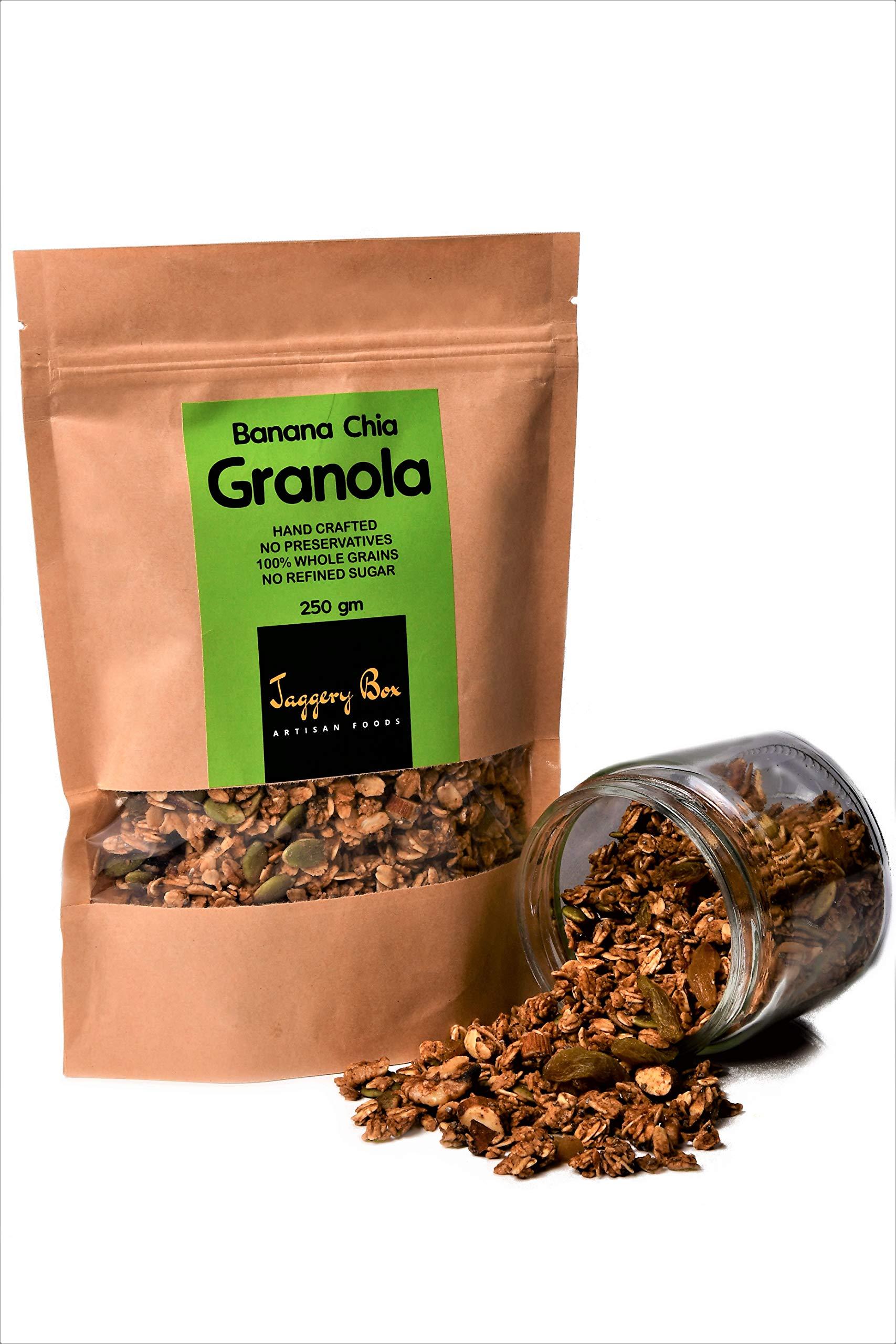 JAGGERY BOX JAGGERY BOX BANANA CHIA GRANOLA, All Natural Handmade Healthy Delicious Vegan Breakfast Cereal No Preservatives | Gluten free High Fibre Crunchy Muesli 500 Grams
