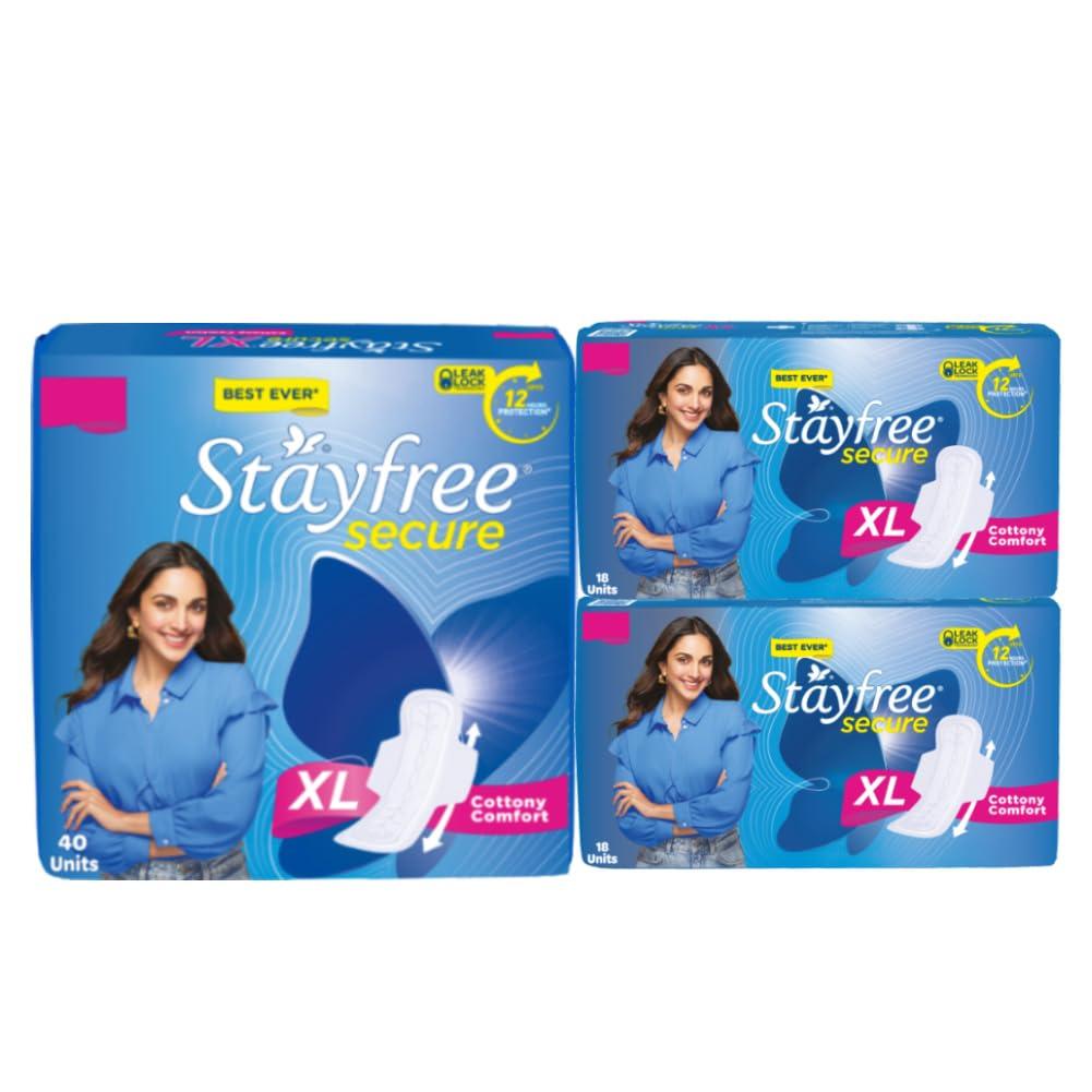 Stayfree Stayfree Secure xl | Combo packs 76 Pads | Cottony Soft Sanitary Pads for Women | with Leak Lock Technology | Odour Control | Absorbs Upto 100% Fluid | Up to 12 Hours of Protection |