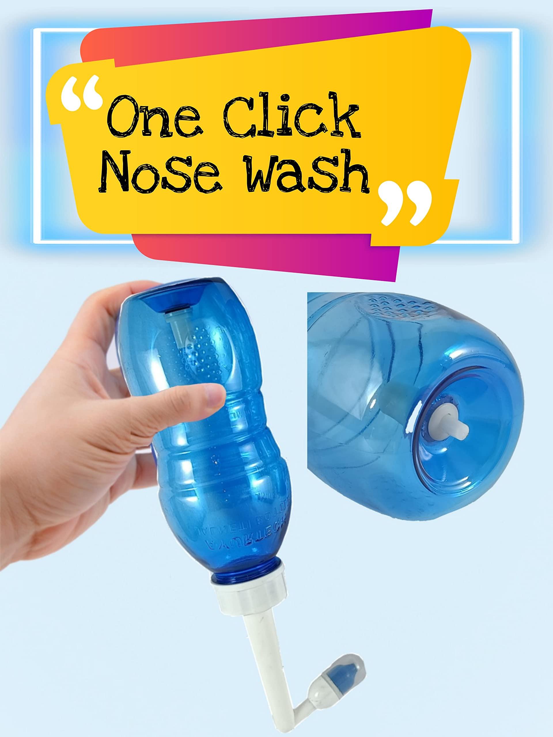 AYURTECH BIOHACKERZ Ayurtech Jal Neti Pot Bottle 300 ML + Nasal Rinse neti Salt with Himalayan Pink Salt and Xylitol FREE 10 satchets ( Worlds Best Jala neti Salt )+ 2 Nozzels with Protecting Cap / Nasal-wash Nose Cleaner Bottle for Adult, Kid , Saline Nasal Spray, Repl