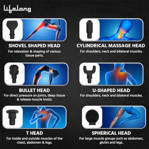 Lifelong Lifelong Gun Massager | Percussion for Full Body Pain Relief | 6 Heads | LED Touch | 30 Speed Levels | Premium Bag (LLGM144, Blue)