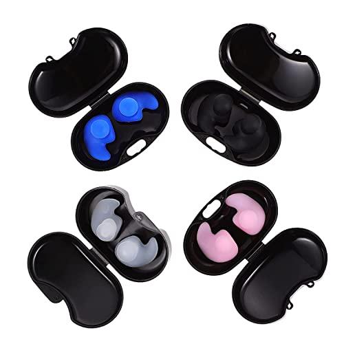 Street27 Street27™ Swimming Ear Plugs For Adults Kids Waterproof Reusable Professional Silicone Swimming Ear Cap Soft Anti-Noise Ultra Comfy Swim Earplugs with Storage Case (4 pairs_Black+Blue+Pink+White)