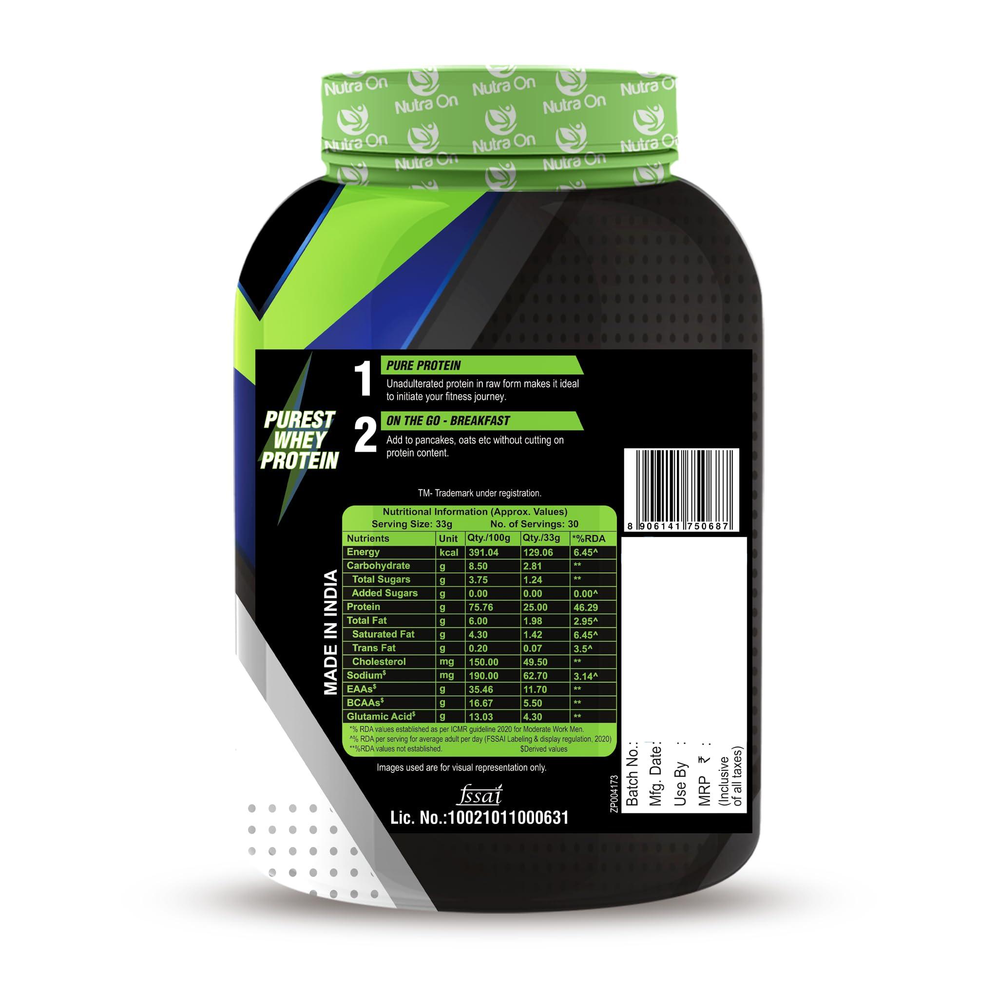 Nutra On Nutra On Sports Ultra Raw Whey Protein Concentrate with Enzyme blend | 25g Protein I 5.5g BCAA I 11.7g EAA I 4.3g Glutamic Acid I Tested for purity - Unflavoured - 1 kg (30 Servings)