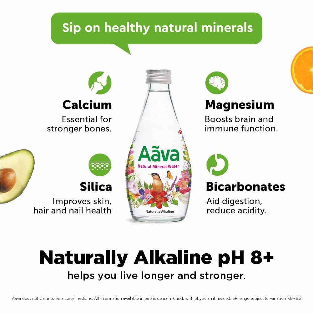 AAVA Aava Natural Mineral Water 250 ml Glass Bottle (Naturally Alkaline ; Origin Aravalli Range; pH 8+; Natural Fortified with Calcium and Magnesium) (Pack of 8)
