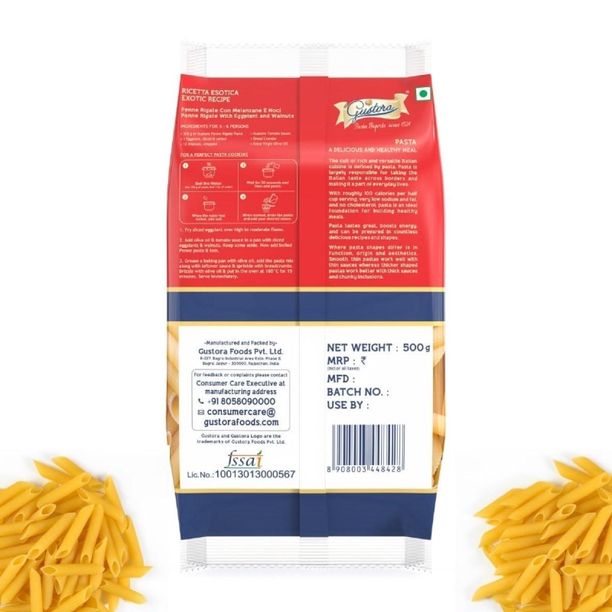 Gustora GUSTORA Combo Pack of Penne Rigate Pasta & Spaghetti Pasta, 1 KG I Italian Pasta Combo I Made of Durum Wheat Semolina I Rich in Protein & Fibre I Zero Cholesterol I Cooking Time 10 Min (500G X 2)
