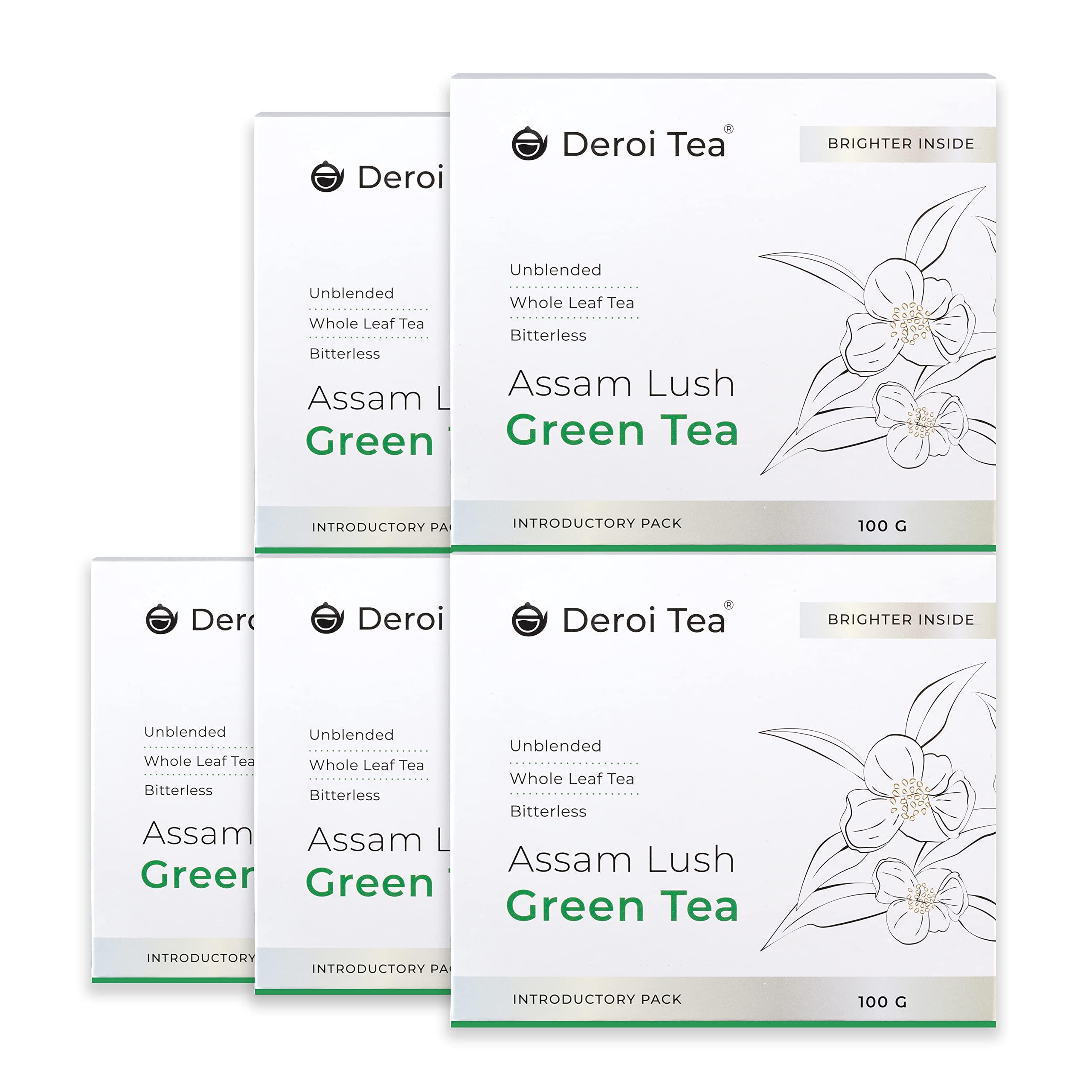 Deroi Tea DEROI TEA Assam Lush Green Tea | CARBON-FREE DRIED TEA | 100% Natural Whole Leaf | Assam Tea | 1Bud & 2 Leaves| Antioxidant Rich | Bitterless | 100 g - 60 Cups | Pack of 5