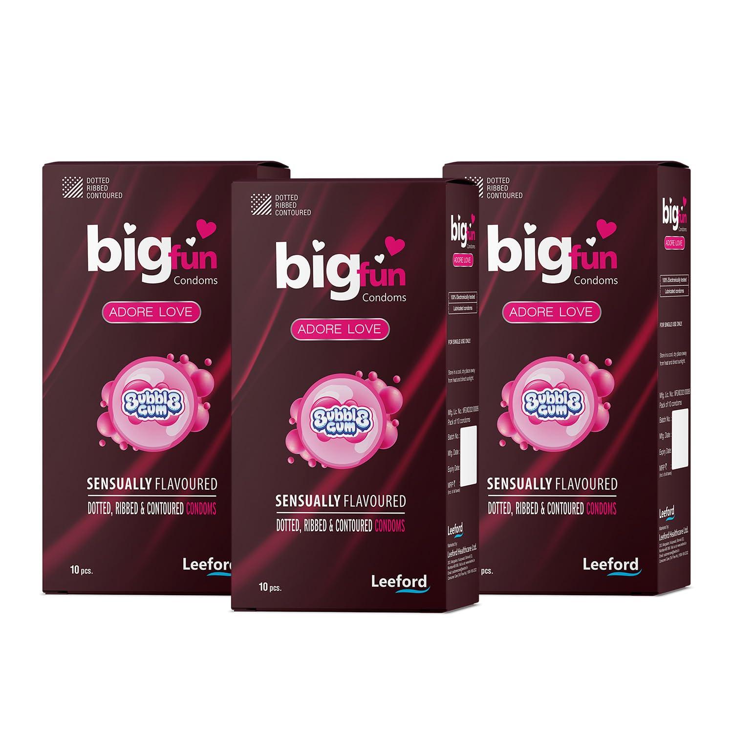 BIGFUN Bigfun Flavoured Condoms Combo Pack of 3 (10Pcs Each Pack) | Dotted, Ribbed & Contoured Long Lasting For Men | Bubblegum Flavour (Total 30pcs)