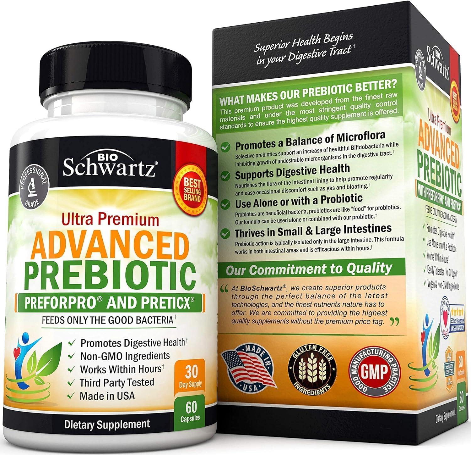 Bio Schwartz Prebiotics for Advanced Gut Health - Immune System Support & Dietary Fiber - Fuels Good Bacteria Growth to Promote Digestive Health - Gas & Digestion Support - Probiotics for Men & Women - 60 Capsules