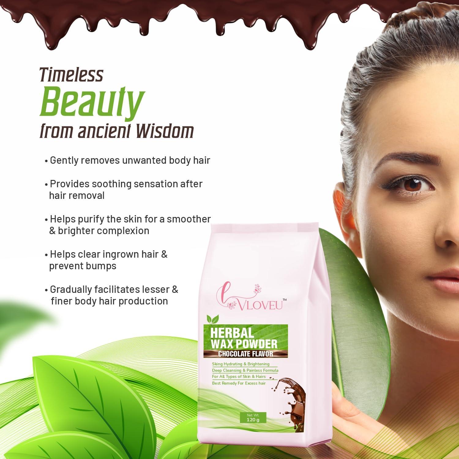 VLOVEU VLOVEU Chocolate Wax Powder Hair Removal Women | Chocolate Hair Removal Powder | Painless Chocolate Wax Women , All Skin Types Hands, Legs, Underarms, Bikini & Intimate Area - 120 Gm (Pack Of 1)