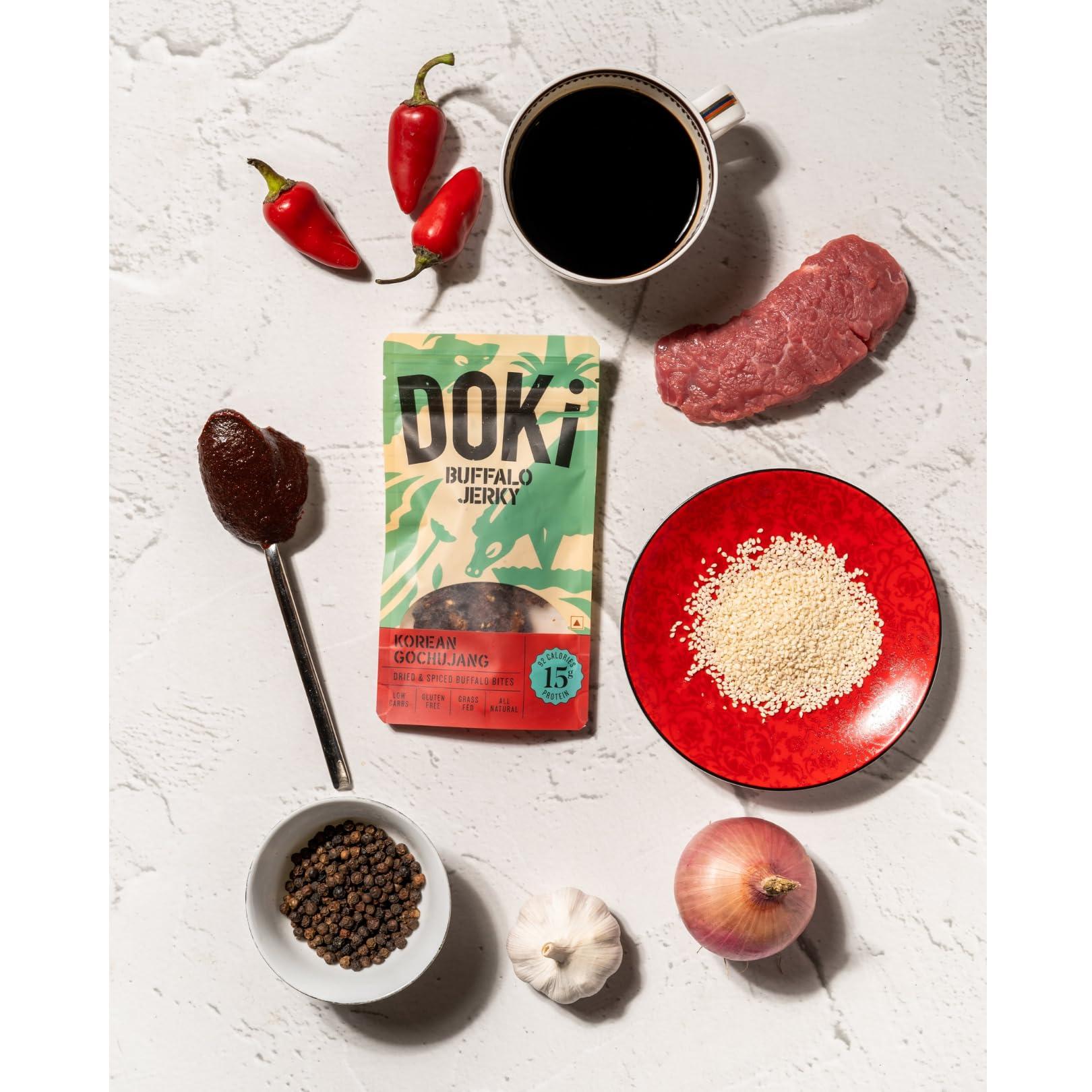 Doki DOKi Buffalo Jerky for Humans (5 Flavours) (High Protein, Low Calorie, All-Natural, Gluten Free, Ready-to-eat meat))