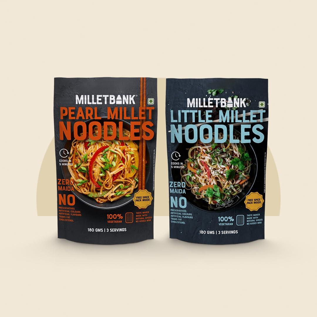 MILLET BANK Millet Bank Pearl Millet and Little Millet Noodles Combo | No Maida, Not Fried, No MSG | Pack of 2-180g Each