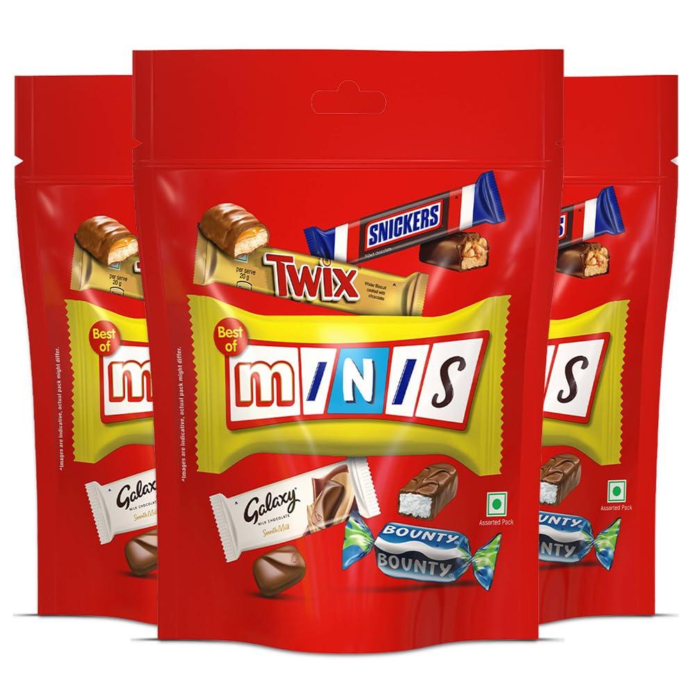 Mars Snickers Best of Minis Assorted Chocolates, Rakhi Gift Pack, Snickers Minis, Twix Minis, Galaxy Smooth Milk Minis, Bounty Minis, 128g, Pack of 3