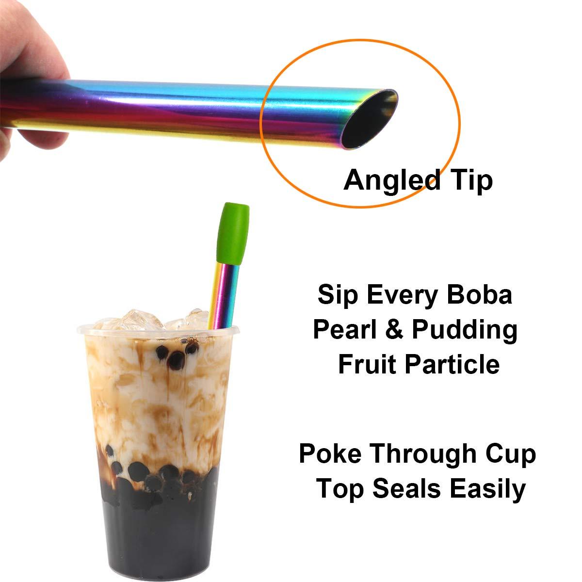 morneve Reusable Boba Straws Smoothie Straws Metal Stainless Steel Straws Angled Tips Fat 0.5\" Wide for Jumbo Bubble Tea Milkshakes Milk Tea Tapioca Pearl With Silicone Tips Carry Bag Cleaning Brush 2 Pcs 10\"