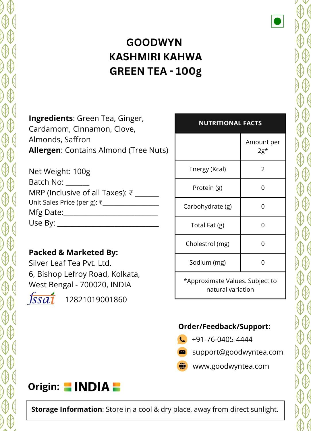 Goodwyn Goodwyn Kashmiri Kahwa Green Tea, A Supreme Blend of Green Tea and Indian Spices, 100 Grams