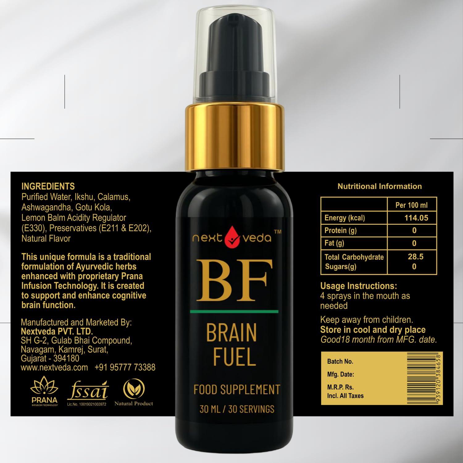 next veda Nextveda Ayurvedic Brain Fuel Food Supplement Spray Concentration (30ml) | Prana Infusion Technology Made Natural Oral Spray For Enhanced Focus | Memory Retention