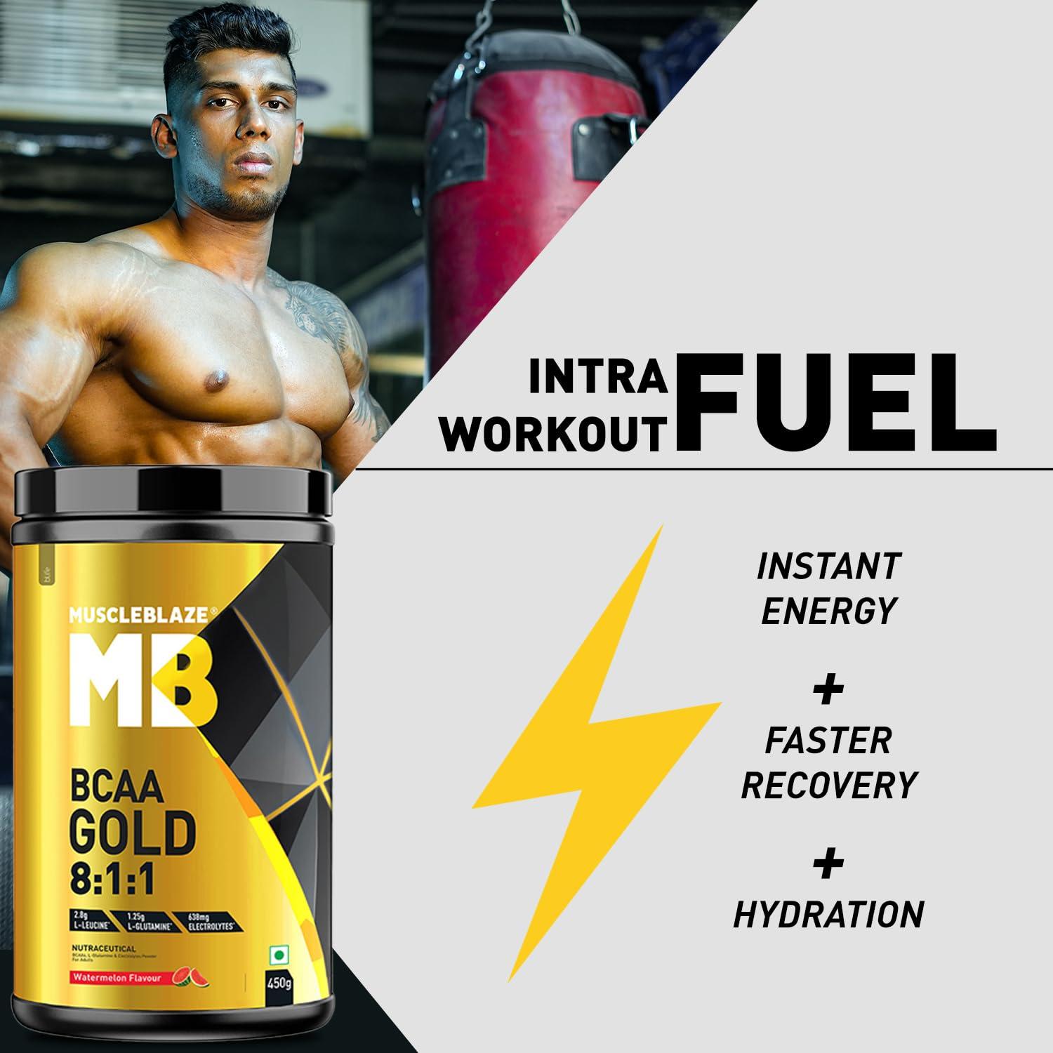 MuscleBlaze MuscleBlaze Bcaa Gold 8:1:1 Powder (Watermelon, 450G, 60 Servings) | With Higher Leucine, Electrolytes & Glutamine