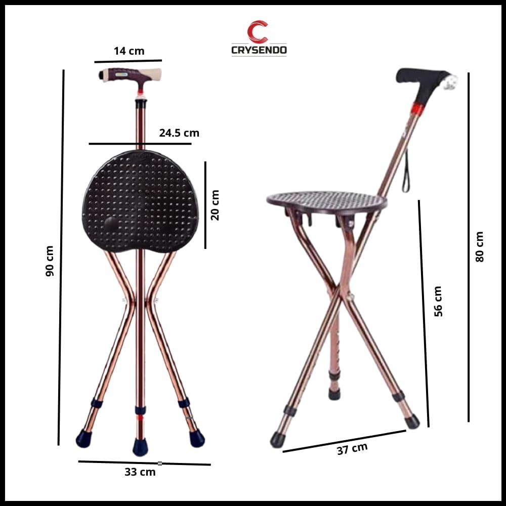 CRYSENDO Crysendo Walking Stick Cum Seat for Elders | Chair Folding Durable & Comfortable Cane Stool | Easy Carry Cane Chair Travel Hiking Hand Stick Cum Stool (LED Black)