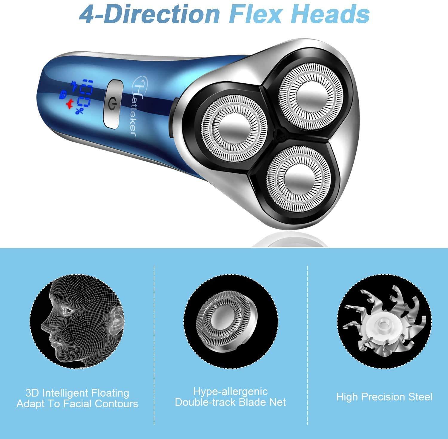 Hatteker Hatteker 4 in 1 Electric Cordless Wet Dry Face Brush Rotary Shaver, Trimmer for Men for Beard, Nose, Hair (Blue)