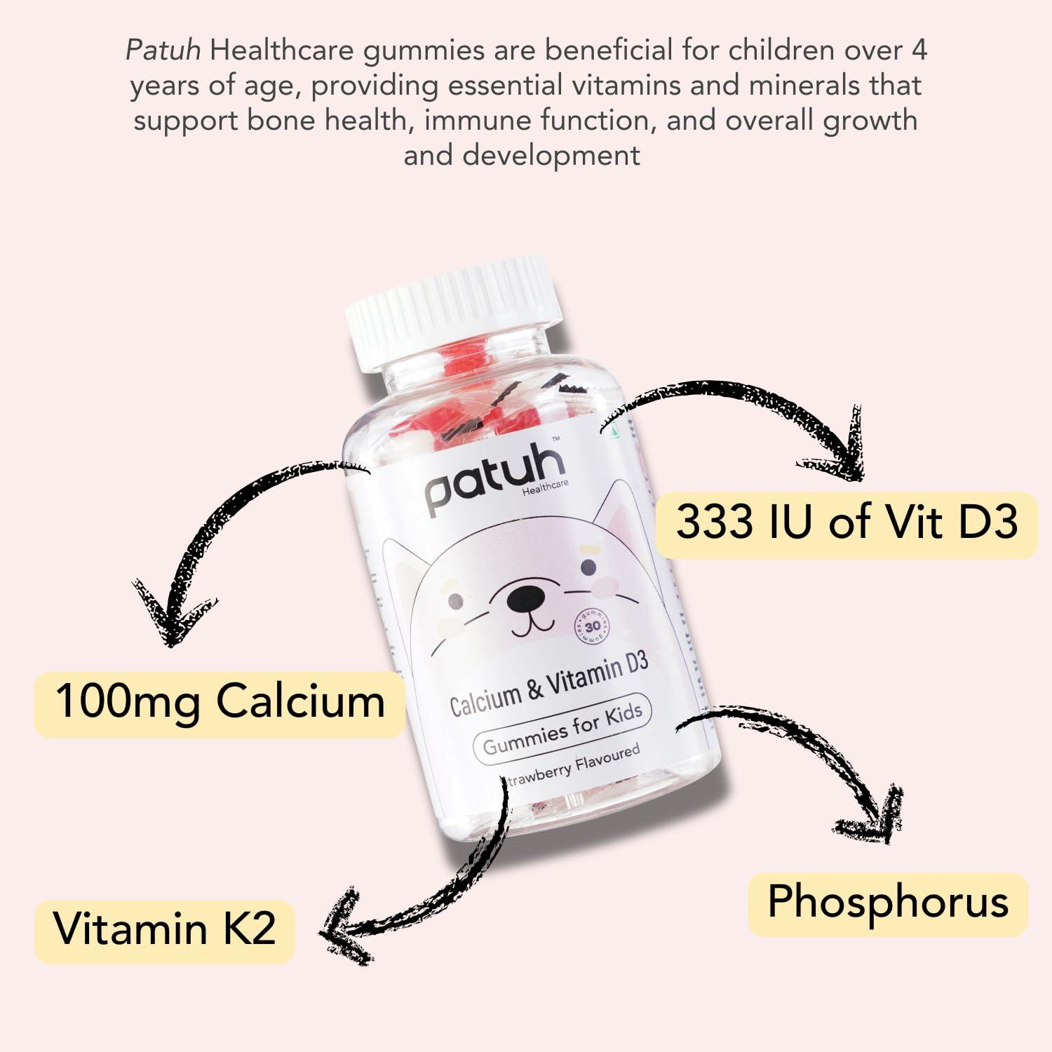 PATUH HEALTHCARE Patuh Healthcare Calcium and Vitamin D3 Gummies for kids (4 years+) | 30 Day Pack | Calcium and D3 Gummies for Kids | 100% Vegetarian, Natural Strawberry flavour