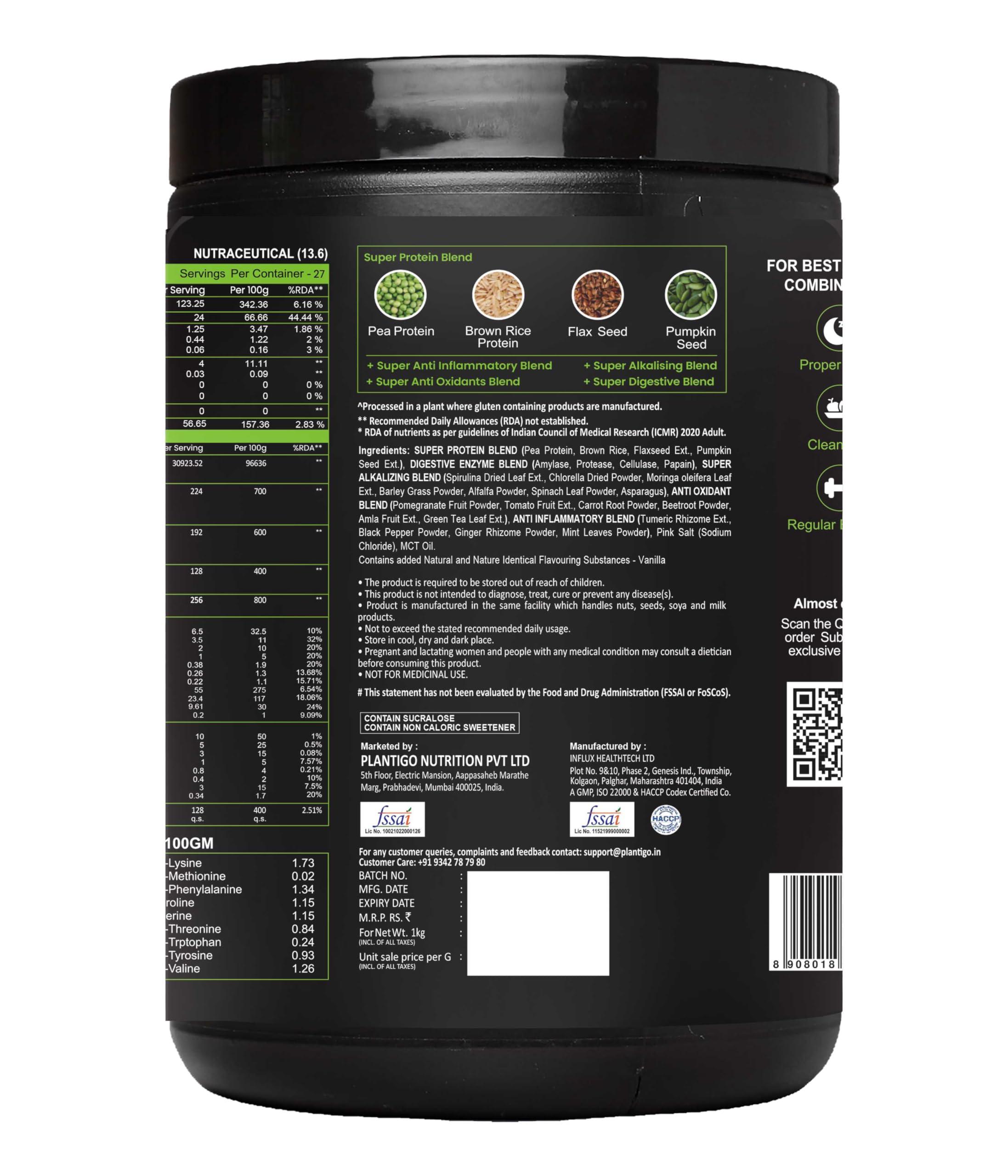 PLANTIGO Plantigo Plant Protein Powder for Men, Women | 24g Clean & Green Vegan Pea Protein Isolate, 4.4g BCAA, 4g Fiber, 2g Leucine, All Amino Acids, 4x Fast Digestion, 95% Absorption, Swiss Chocolate 1kg