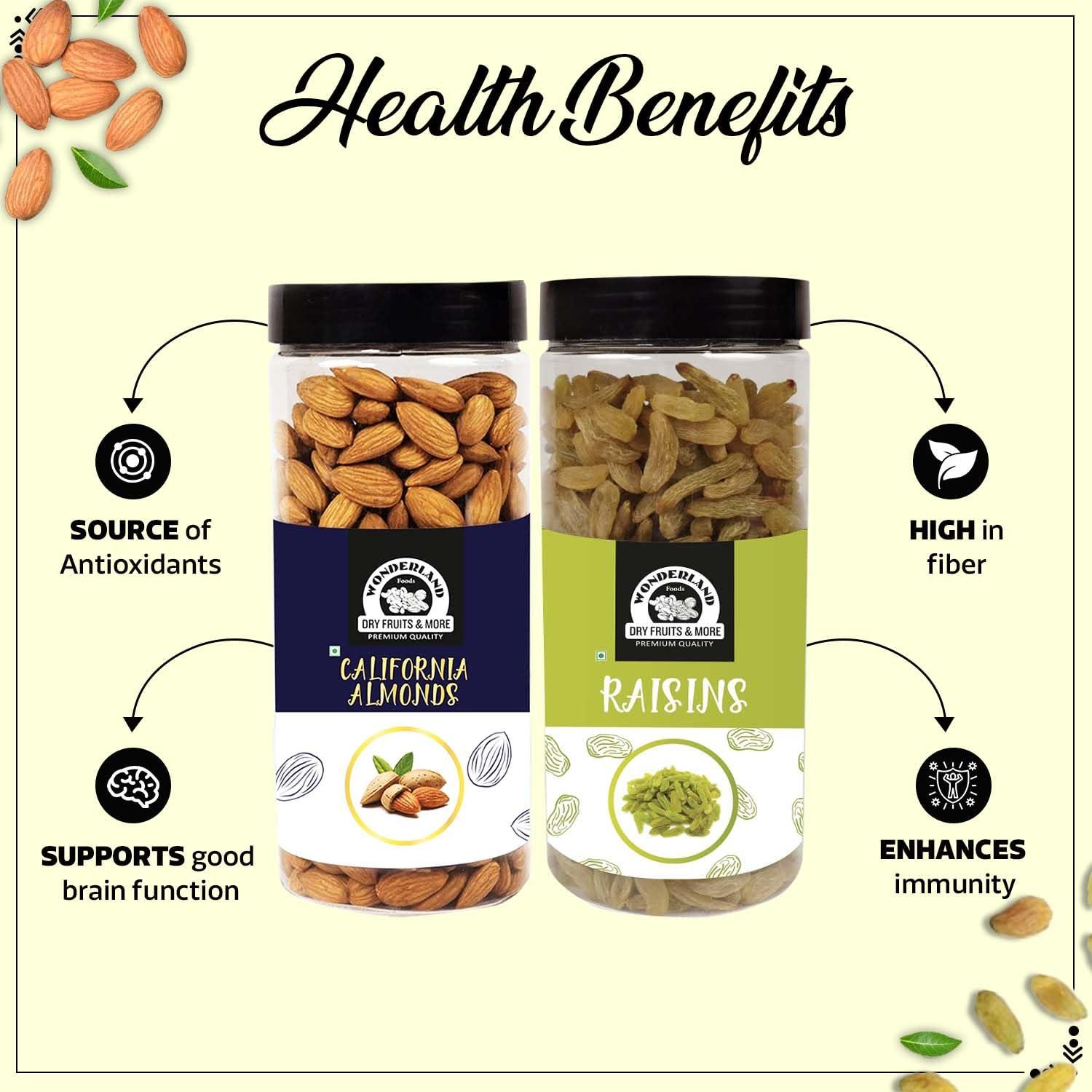 WONDERLAND FOODS (DEVICE) WONDERLAND FOODS (DEVICE) Premium Dry Fruits Combo Pack of California Almonds (NP) + Raisin 1Kg (500gX2) Reusable Jar