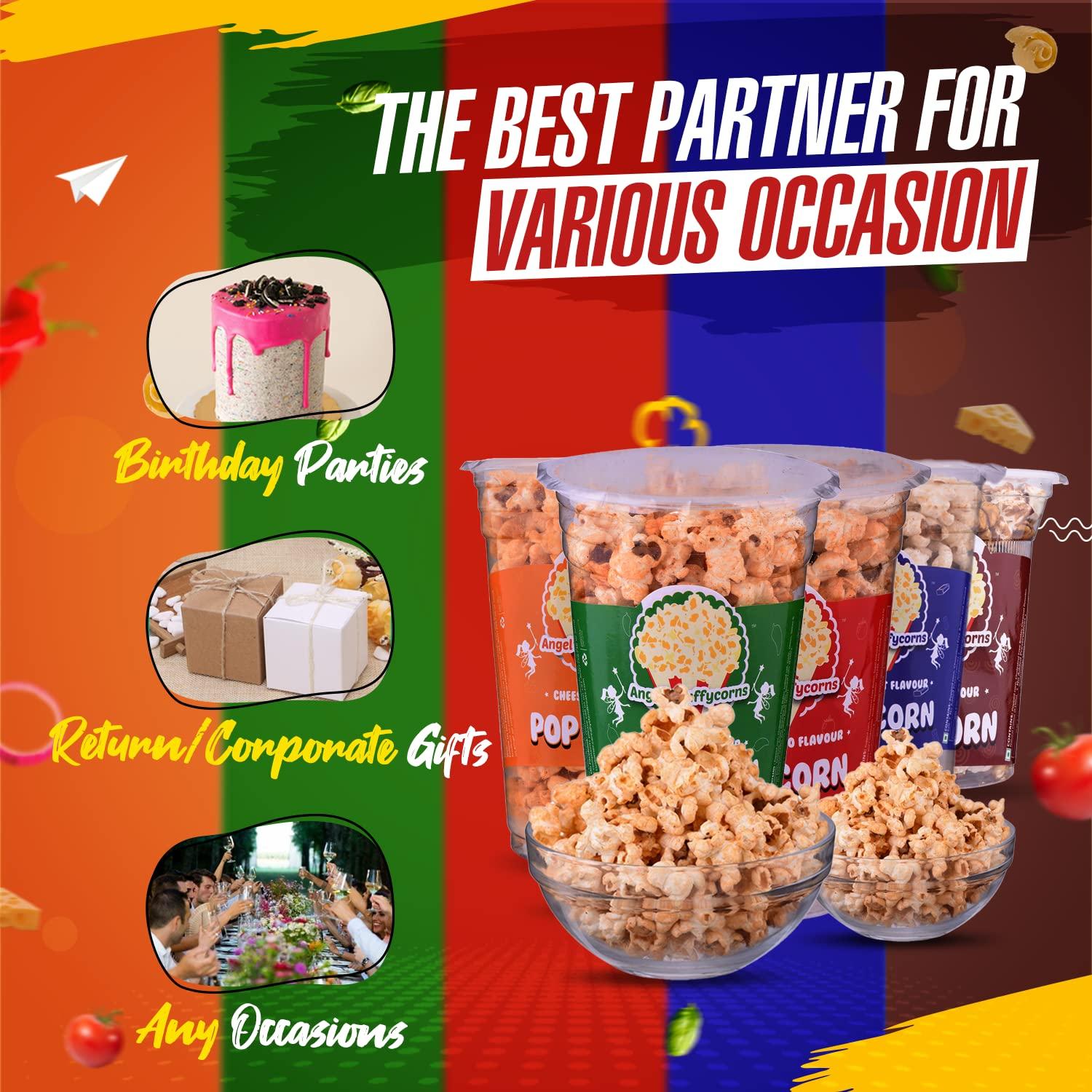 Angels Angels Puffycorns Flavoured Ready to Eat Popcorn - Mix Flavour - Pack of 6 Units (2 Cheese, 1 Tangy Tomato, 1 Butter Salted, 1 Peri Peri & 1 Caramel)