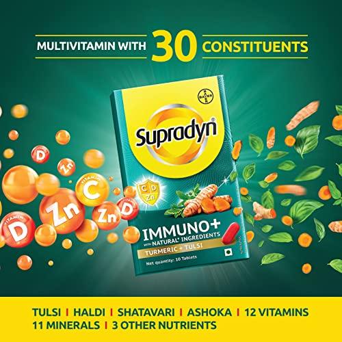 Supradyn Supradyn Immuno +, Multivitamin Vit C, Vit D, Zinc, Unique blend of Tulsi, Turmeric, Shatavari & Ashoka, Pack of 9 x 10 Tablets