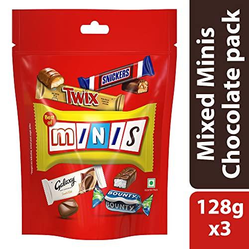 Mars Snickers Best of Minis Assorted Chocolates, Rakhi Gift Pack, Snickers Minis, Twix Minis, Galaxy Smooth Milk Minis, Bounty Minis, 128g, Pack of 3